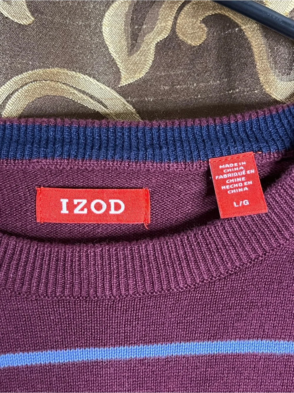 Izod Men's Purple Crewneck Sweater with Blue and White Stripes
